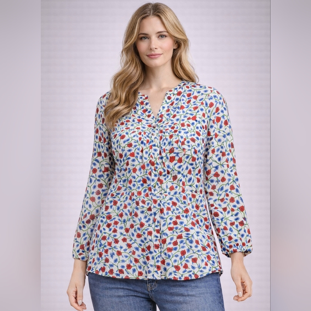 J.Crew Floral Cotton Blouse Women's Medium Gold Button Peasant Top